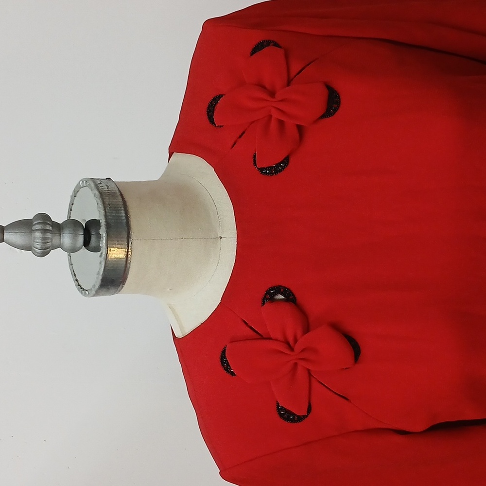 Vintage Nina Raynor Red Dress with Black Sequin and Bead Detail / Size 10 - Picture 4 of 10